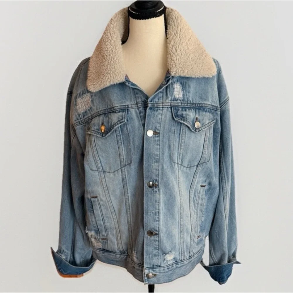 Free People Sherpa Denim Jacket Plaid Lined Distressed Boho Medium - Picture 2 of 10